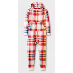 Cat & Jack Girls XL Plaid Union Suit One Piece Hooded Pajama Fleece Pink Red